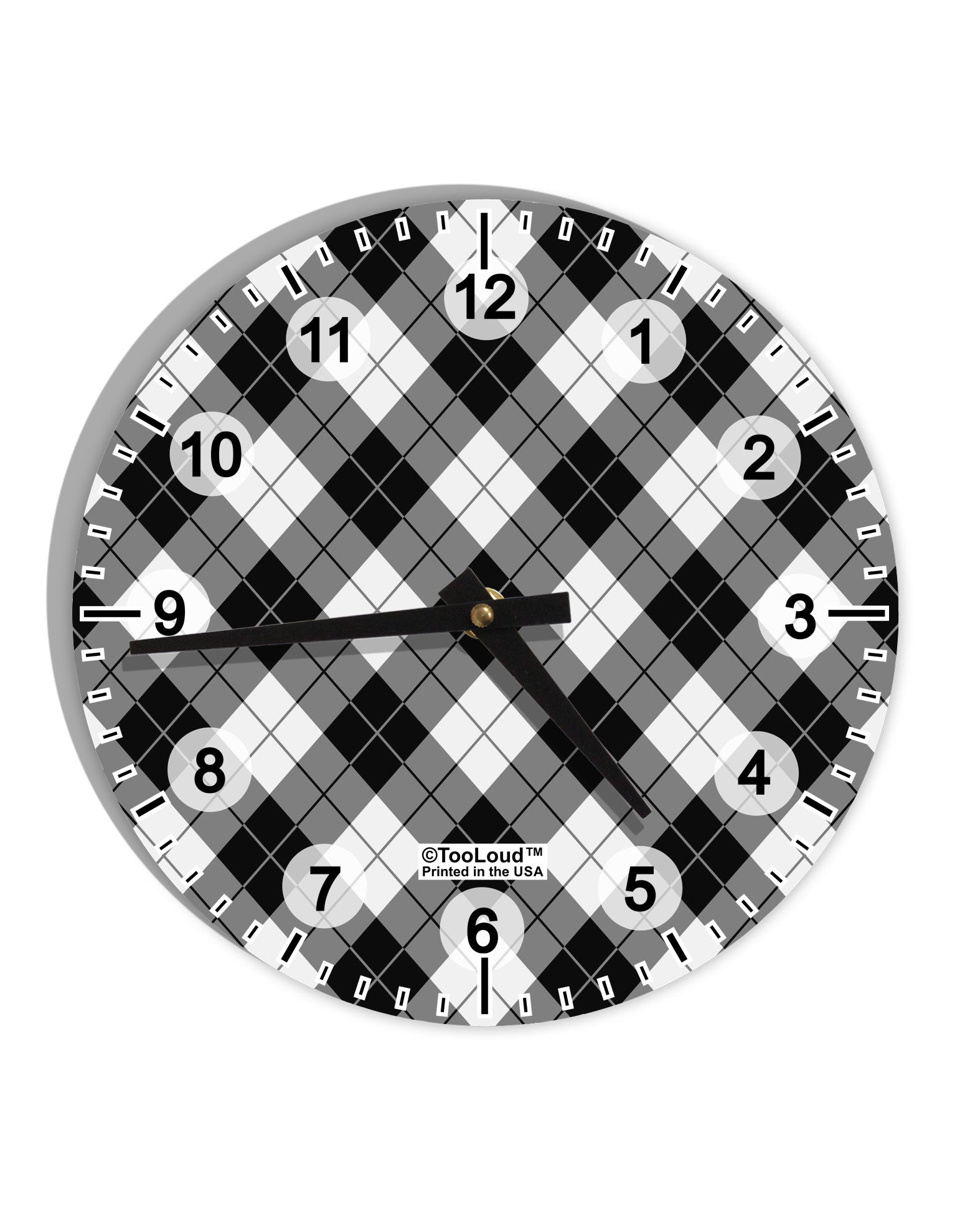 Black and White Argyle AOP 10 InchRound Wall Clock with Numbers All Over Print by TooLoud-Wall Clock-TooLoud-White-Davson Sales