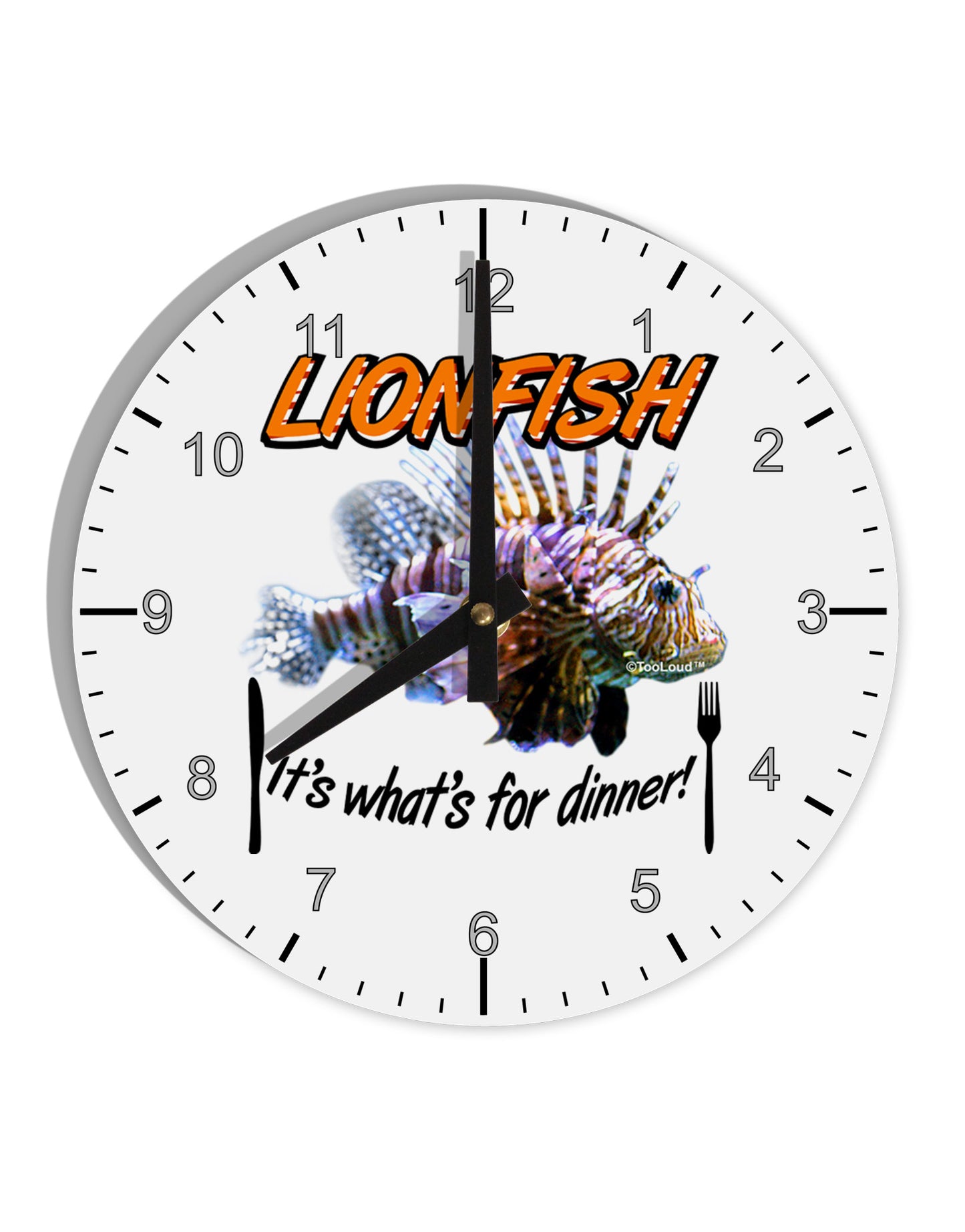Lionfish - It's What's For Dinner 10 InchRound Wall Clock with Numbers-Wall Clock-TooLoud-White-Davson Sales