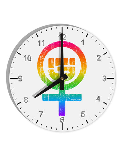 Rainbow Distressed Feminism Symbol 10 InchRound Wall Clock with Numbers-Wall Clock-TooLoud-White-Davson Sales