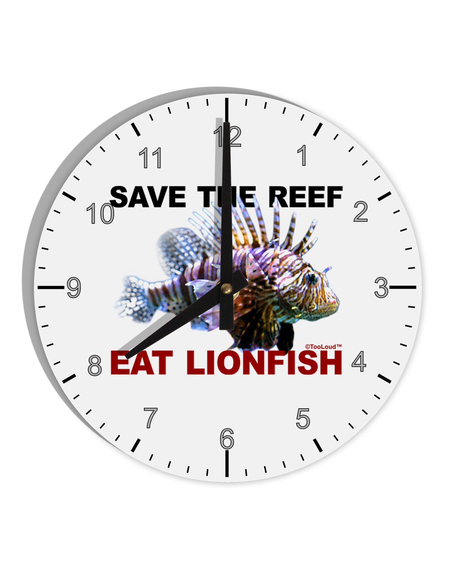 Save the Reef - Eat Lionfish 10 InchRound Wall Clock with Numbers-Wall Clock-TooLoud-White-Davson Sales