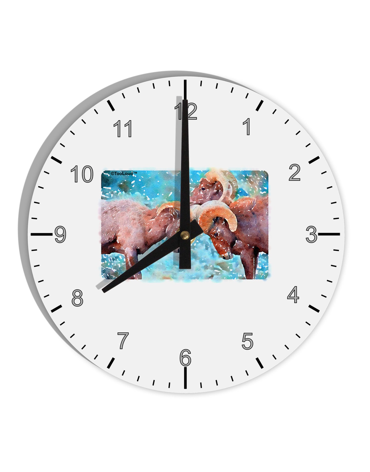 CO Bighorn Head Butt Watercolor 10 InchRound Wall Clock with Numbers-Wall Clock-TooLoud-White-Davson Sales