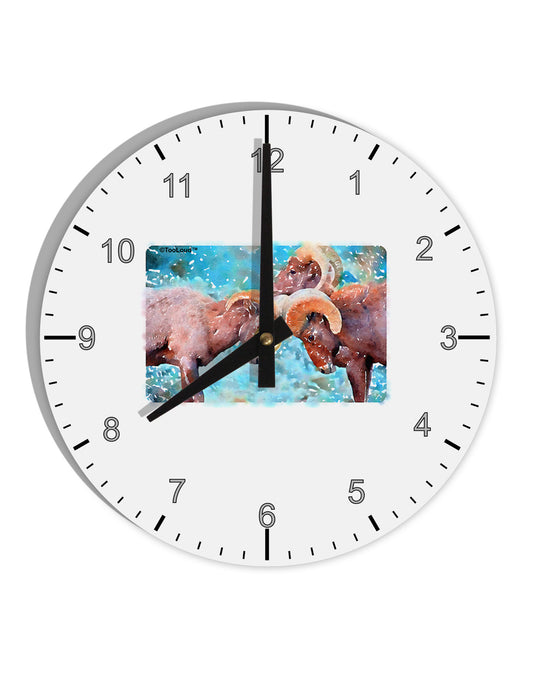 CO Bighorn Head Butt Watercolor 10 InchRound Wall Clock with Numbers-Wall Clock-TooLoud-White-Davson Sales
