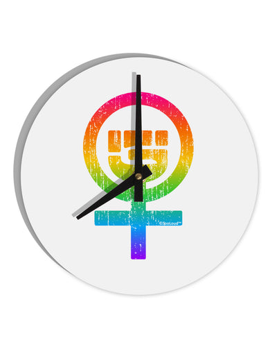 Rainbow Distressed Feminism Symbol 10 InchRound Wall Clock-Wall Clock-TooLoud-White-Davson Sales