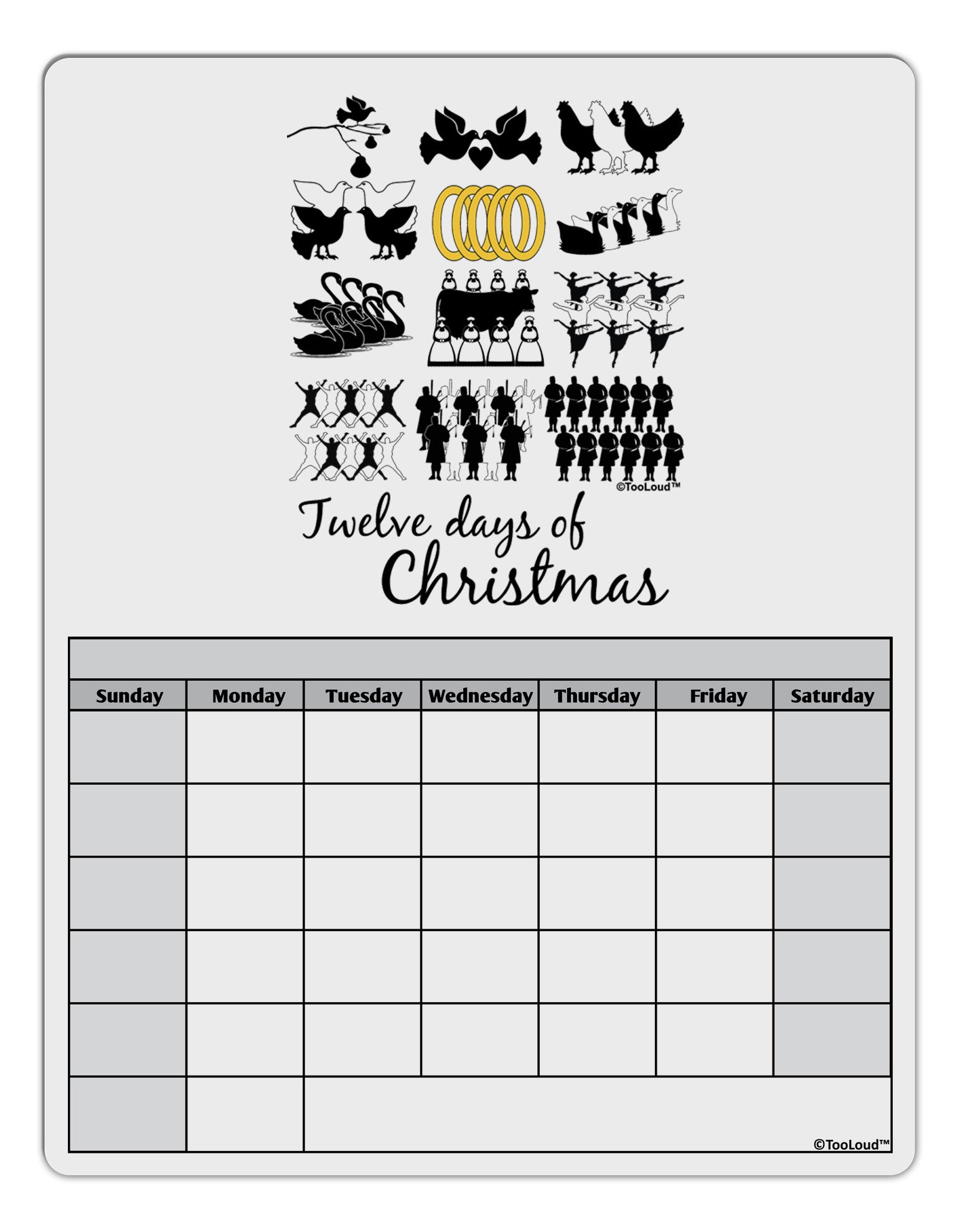 12 Days of Christmas Text Color Blank Calendar Dry Erase Board - Davson  Sales